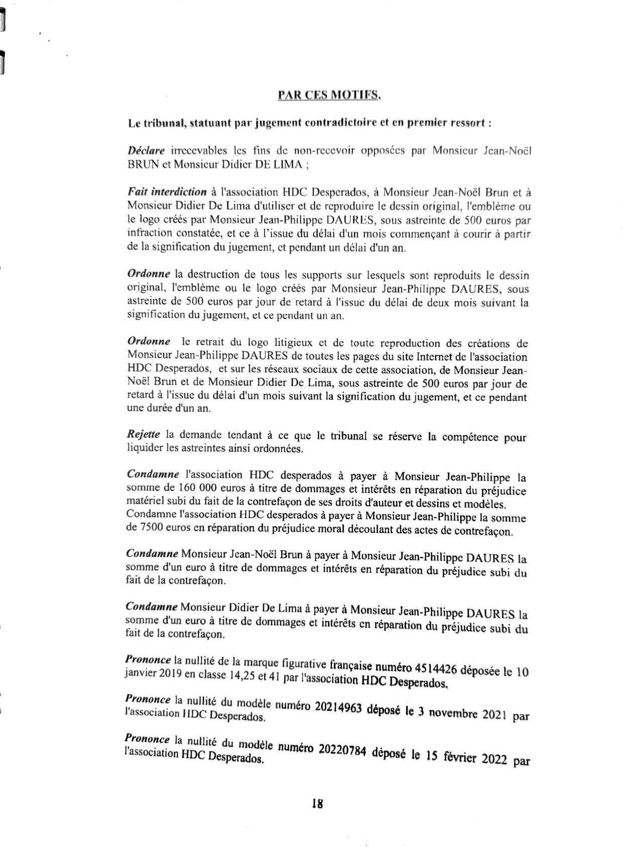 CONDAMNATION PAR LE TRIBUNAL JUDICIAIRE DE MARSEILLE DU NEO HDC DESPERADOS