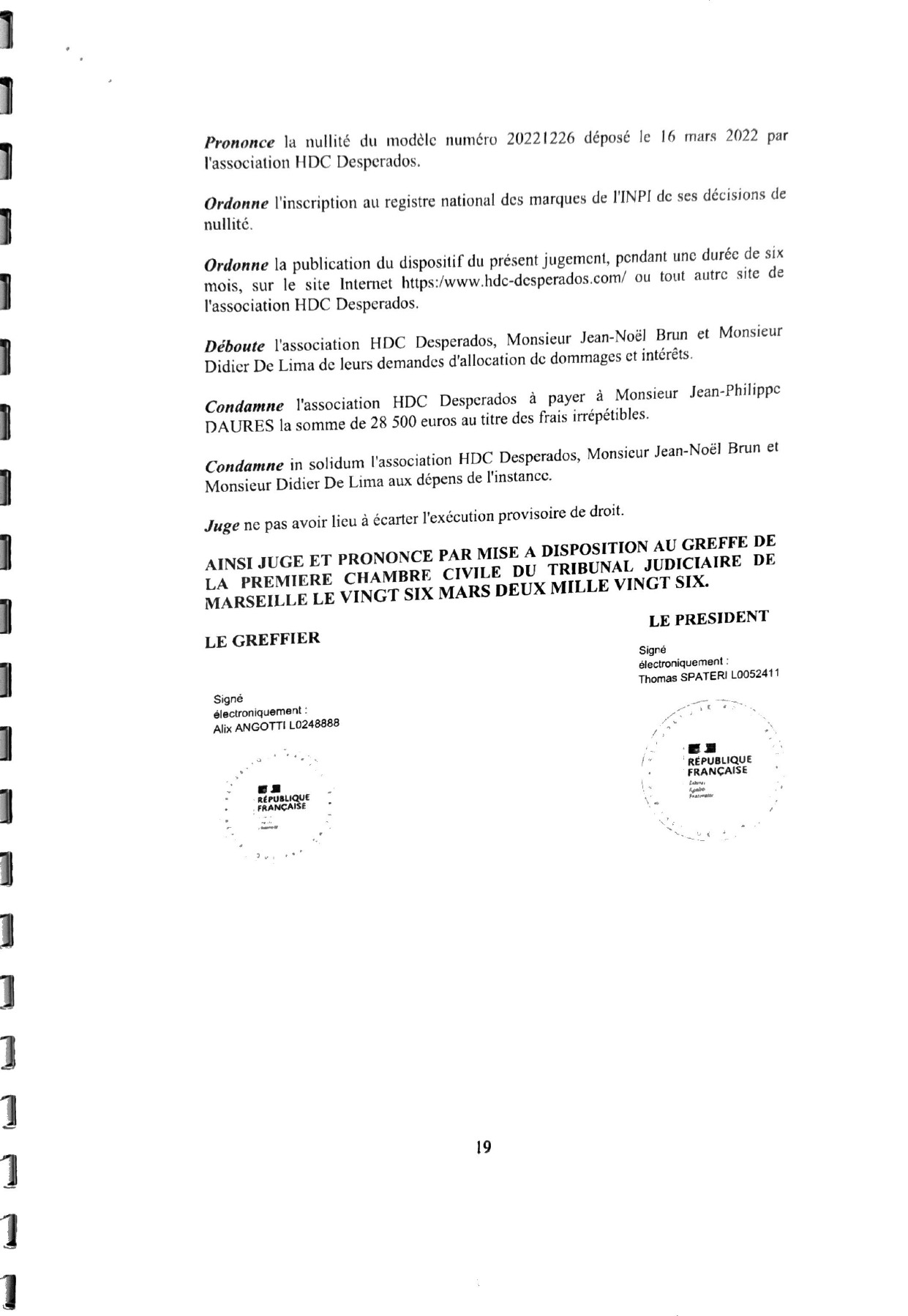 CONDAMNATION PAR LE TRIBUNAL JUDICIAIRE DE MARSEILLE DU NEO HDC DESPERADOS